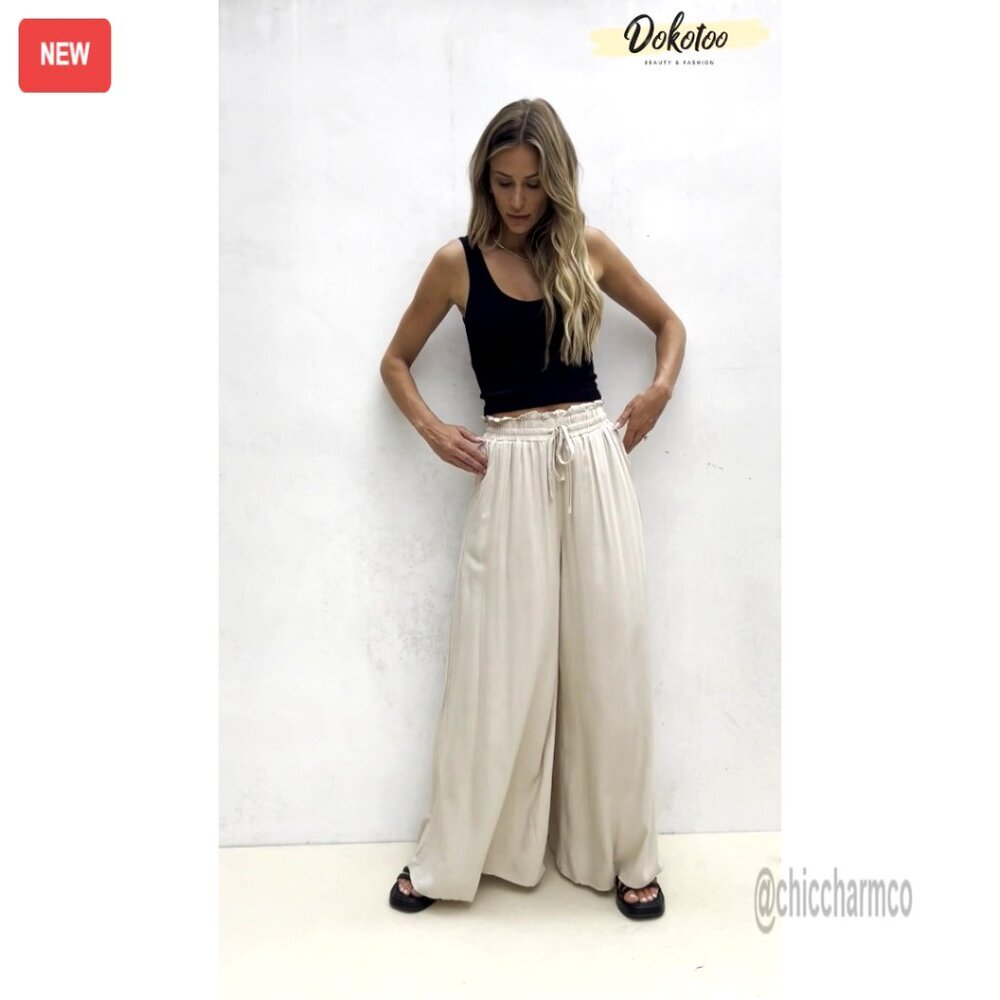 Wide Leg Palazzo Pants Elastic Waist Drawstring Casual Plus Size - Picture 7 of 7